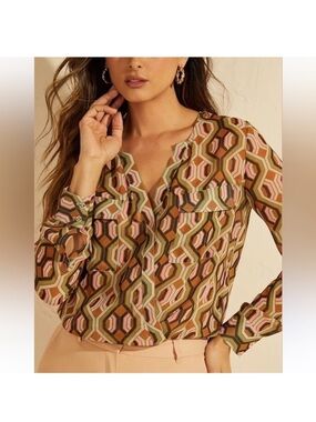 Guess by Marciano Geometric Patterned Sheer Blouse with Built in Bodysuit. L